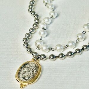 Greek Goddess glass pearls Silver and Gold Pendant Necklace